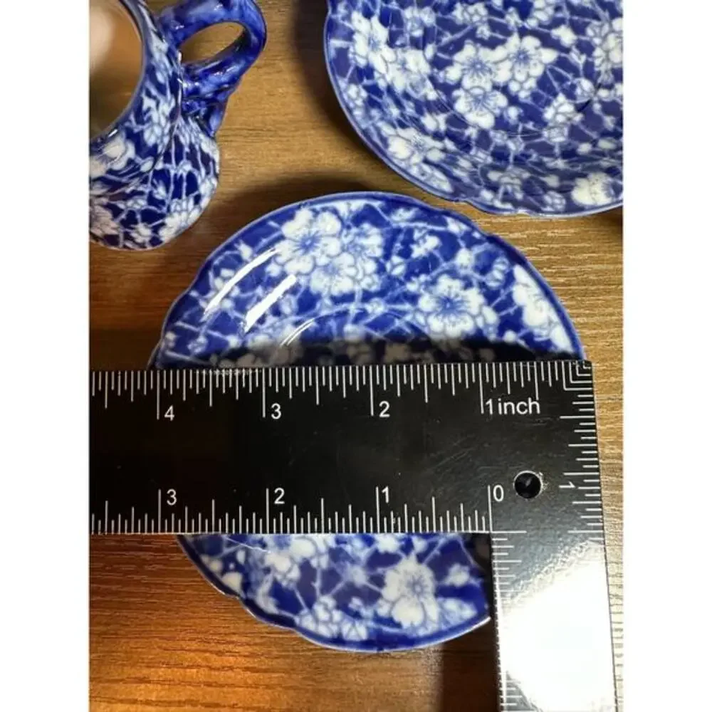 Victoria Ware Stoneware Small‎ Tea Cups Saucers Sugar Creamer Cobalt Flue Floral